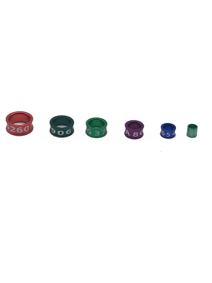 Anillo de piernas de aves de aleación de aluminio tallada con láser multicolor para marcadores de identificación de aves
