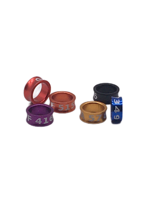 Anillo de piernas de aves de aleación de aluminio tallada con láser multicolor para marcadores de identificación de aves